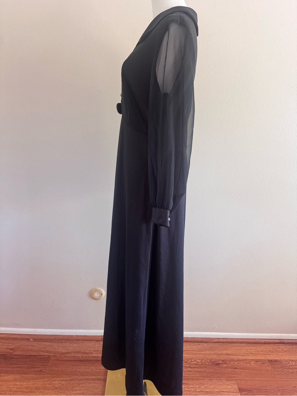 Vintage 1970s Lily& Lyn Black Maxi Dress Sheer Sleeves Rhinestone - Picture 7 of 11